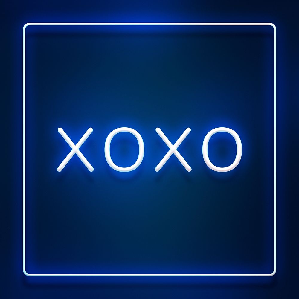 Glowing XOXO neon typography on a dark blue background