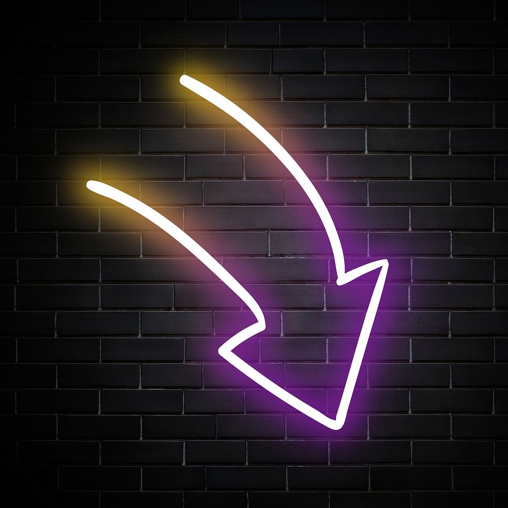 Neon purple curved arrow sign on brick wall