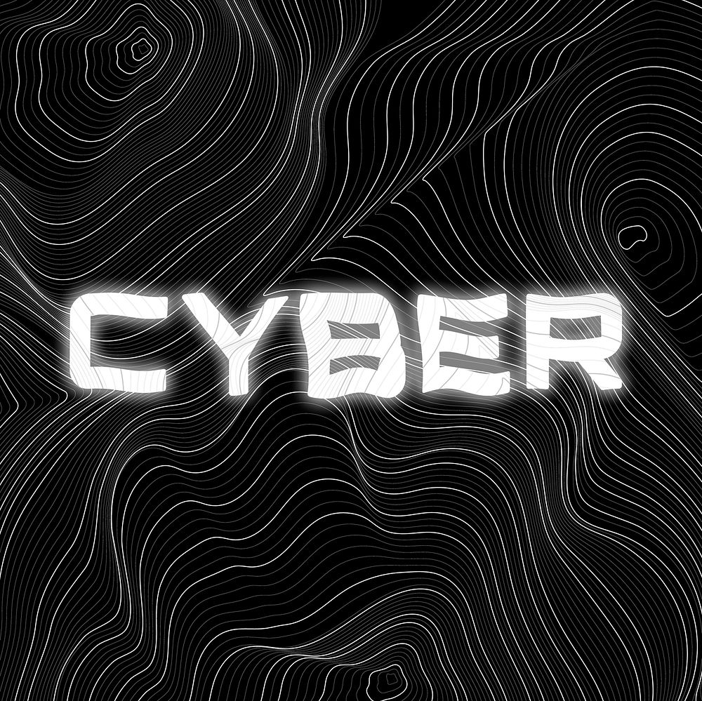 White neon cyber word topographic typography on a black background
