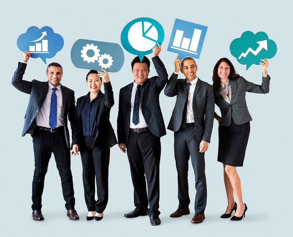 Diverse business people holding speech bubbles with icons