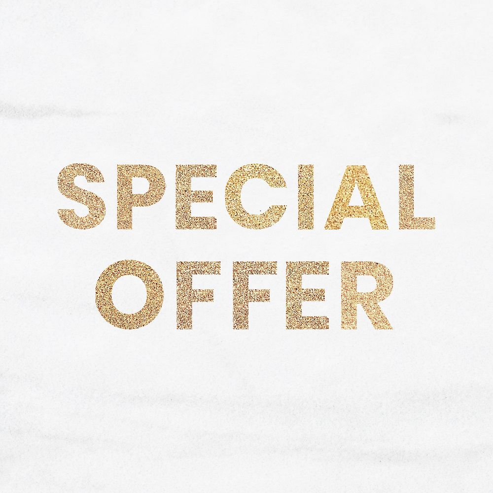 Glittery special offer typography on a white marble background
