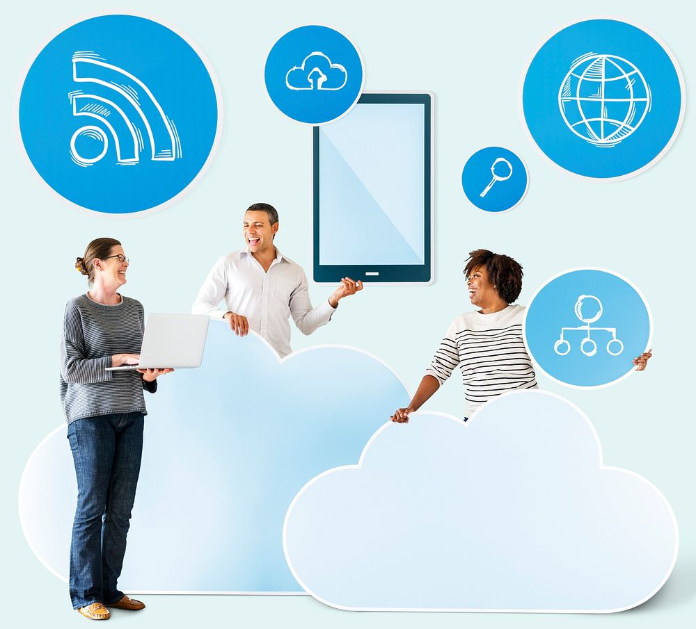 Happy people with cloud and technology icons