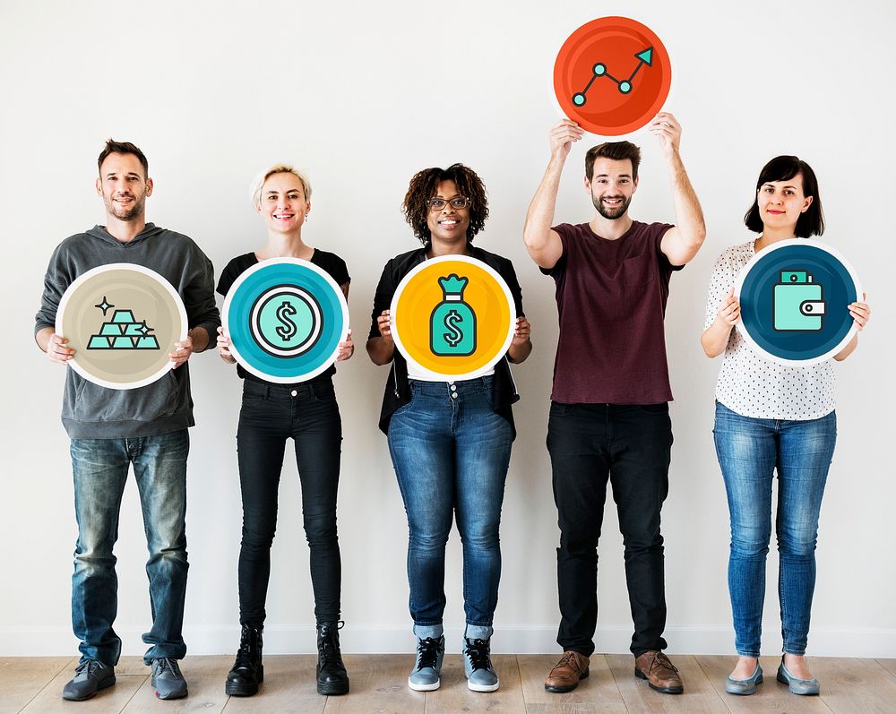 Diverse people holding financial icons