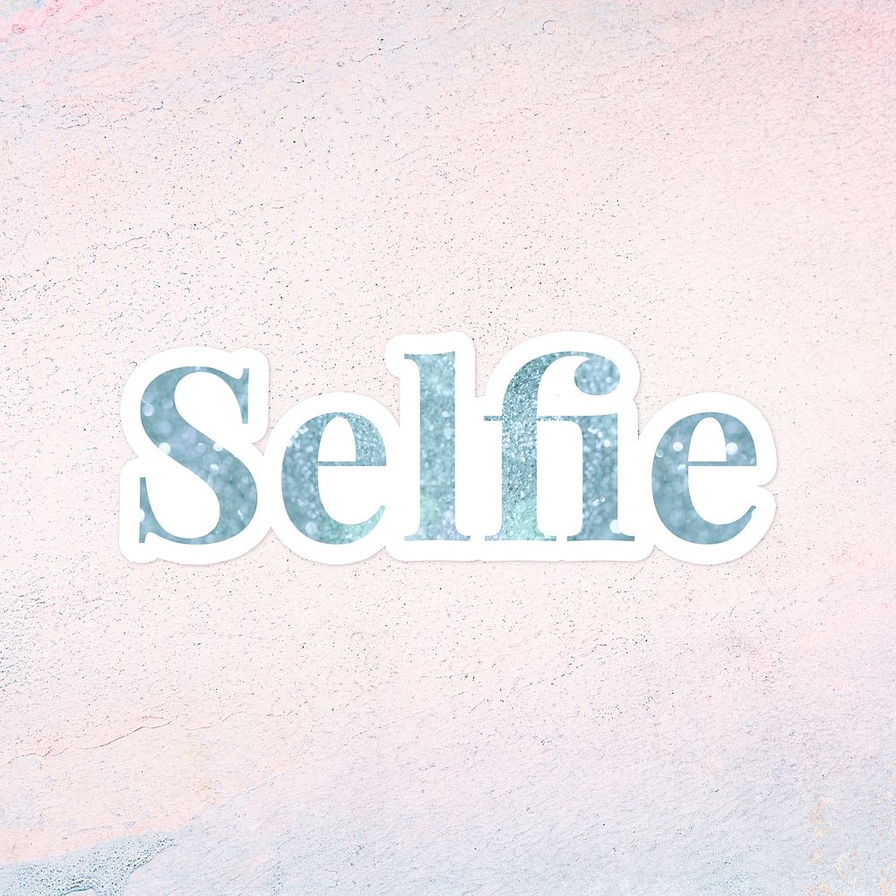 Glittery selfie light blue typography sticker element on a pastel background