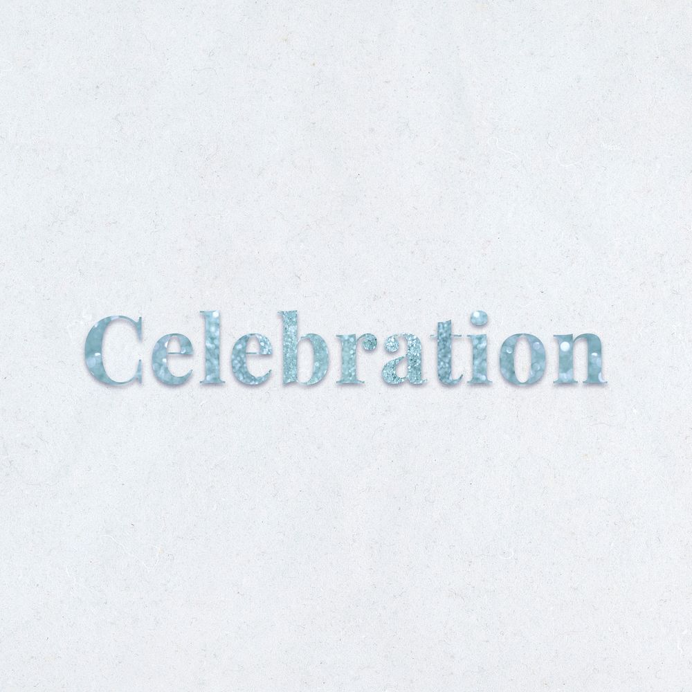 Celebration light blue glitter font on a blue background