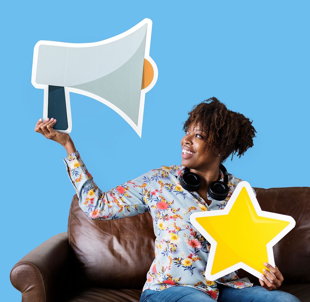 Woman holding a megaphone and star icon