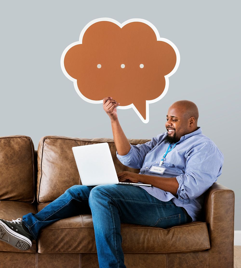 Man showing brown speech bubble icon