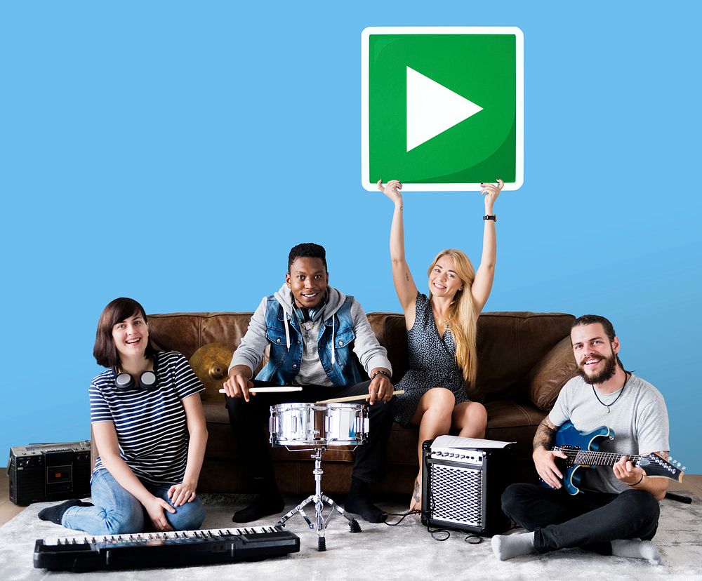 Band of musicians holding a play button icon
