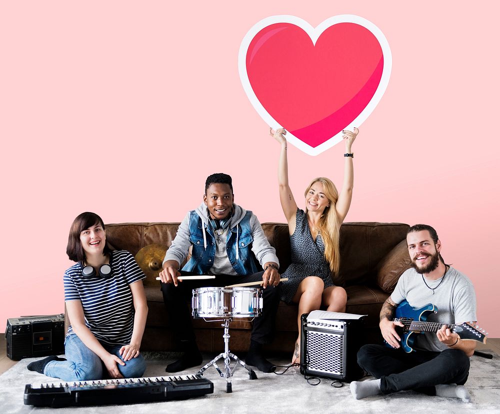 Band of musicians holding a heart emoticon