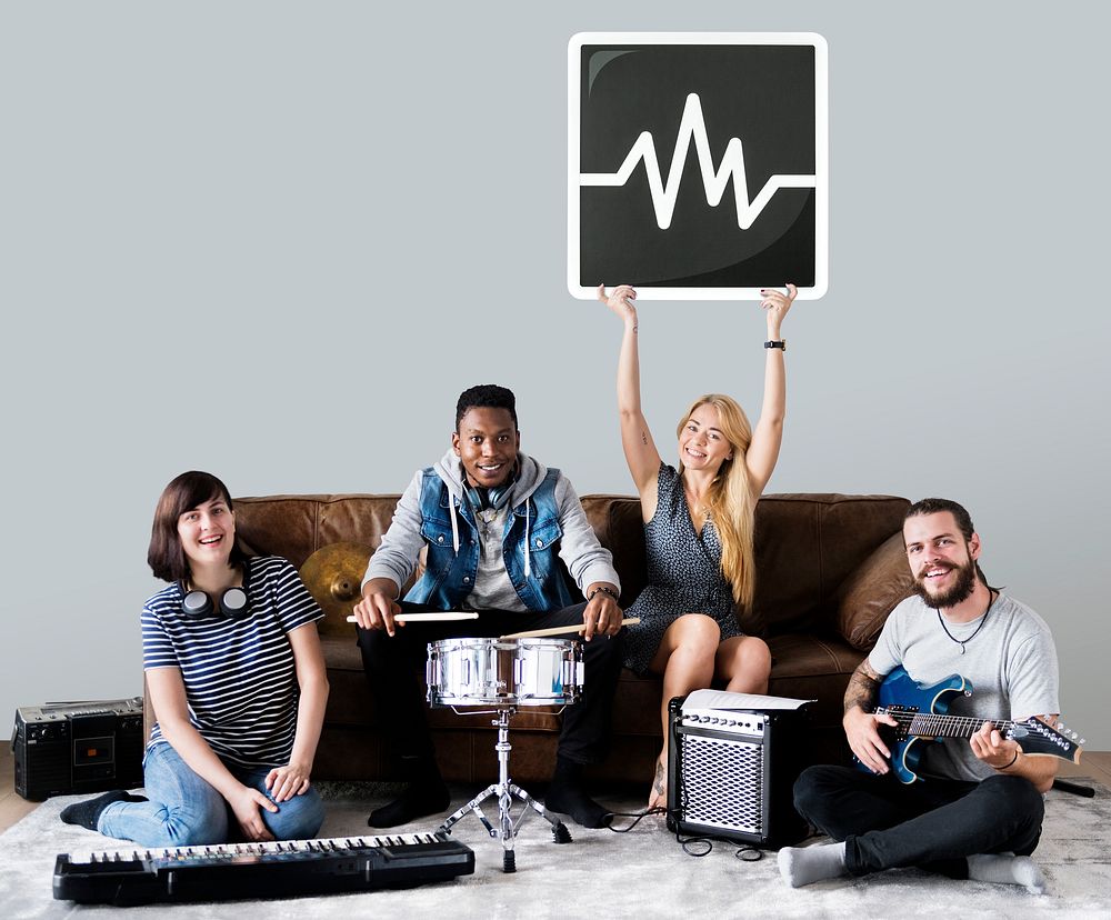 Band of musicians holding a frequency icon
