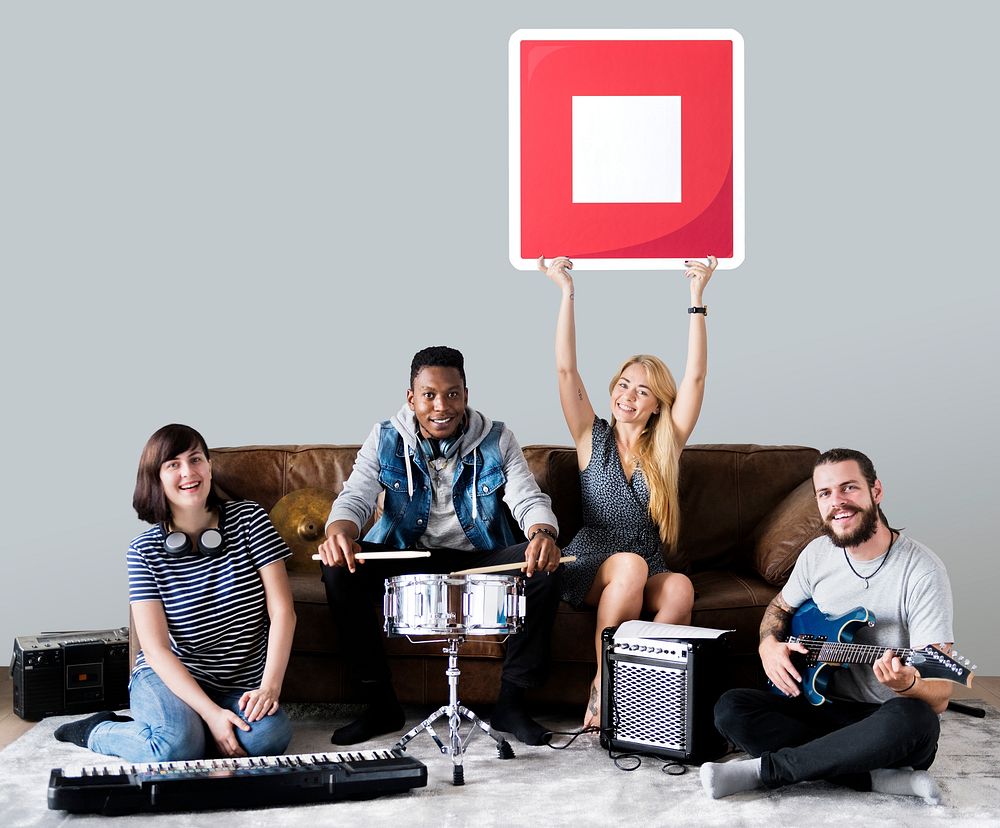 Band of musicians holding a stop button icon