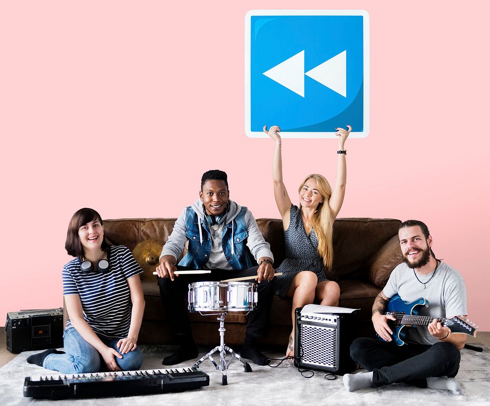 Band of musicians holding a rewind button icon