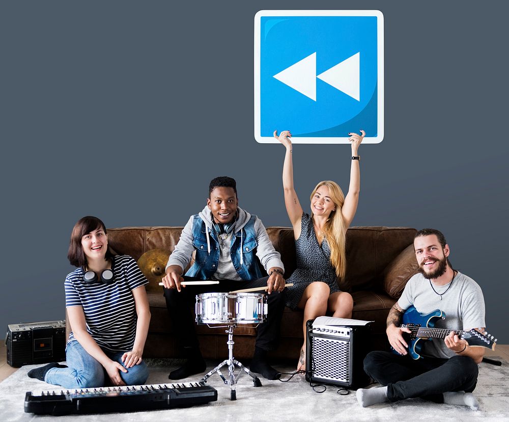 Band of musicians holding a rewind button icon