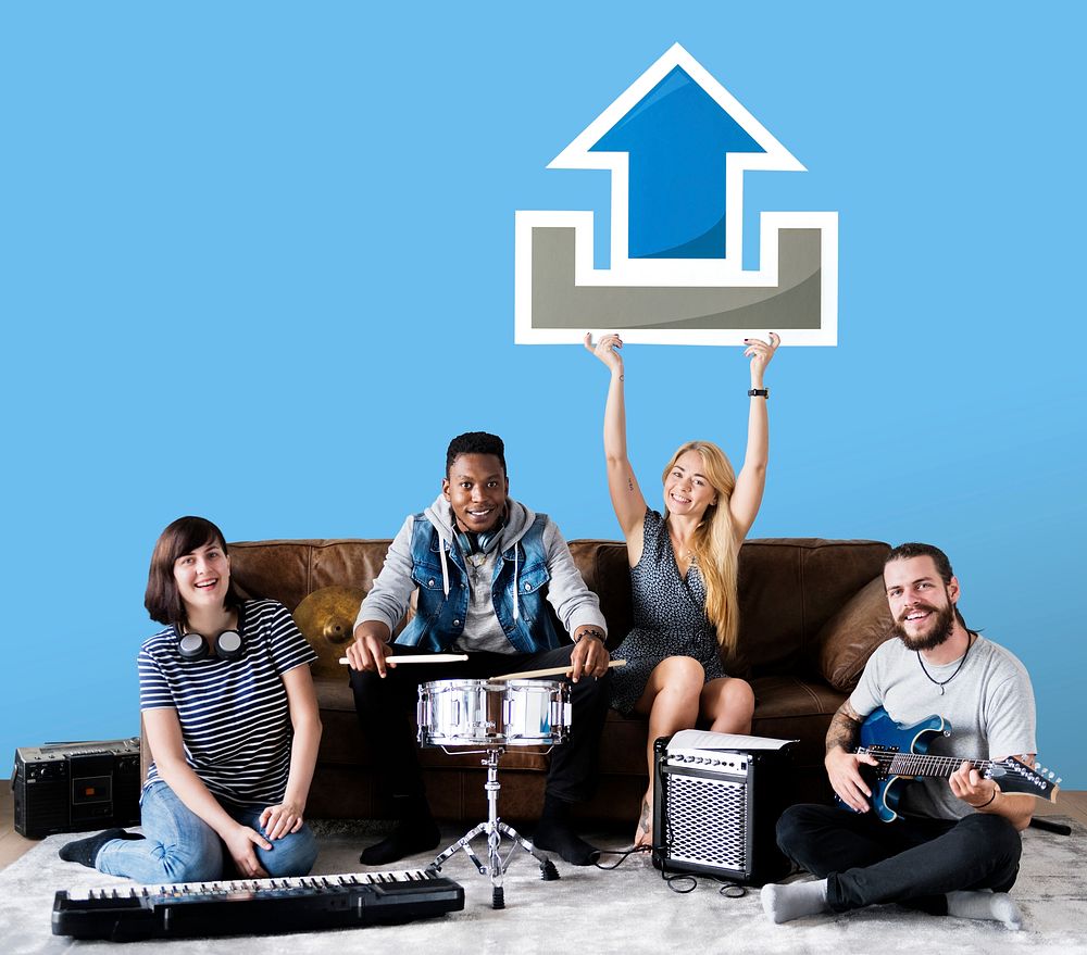 Band of musicians holding an upload icon