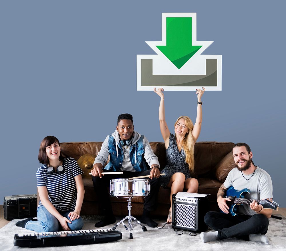 Band of musicians holding a download icon
