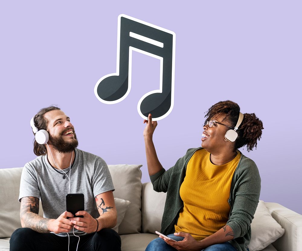Interracial couple holding a musical note icon