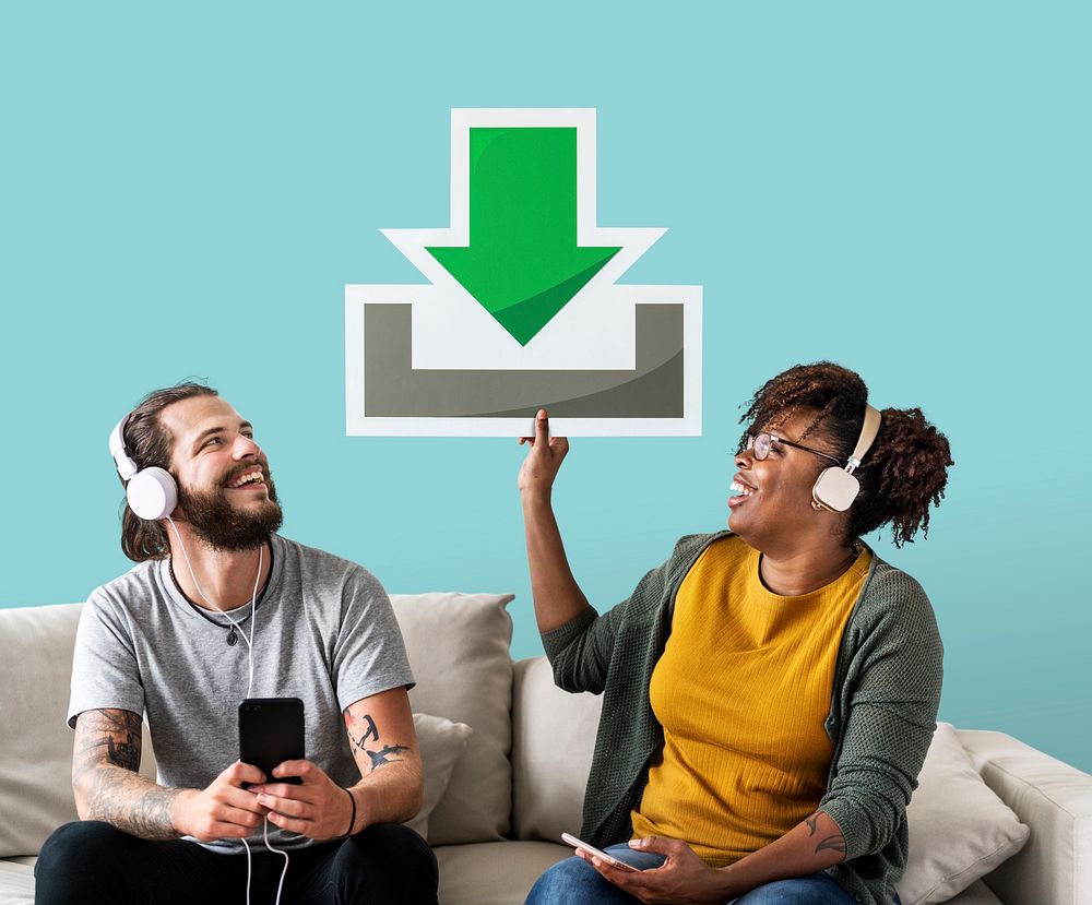 Interracial couple holding a download icon