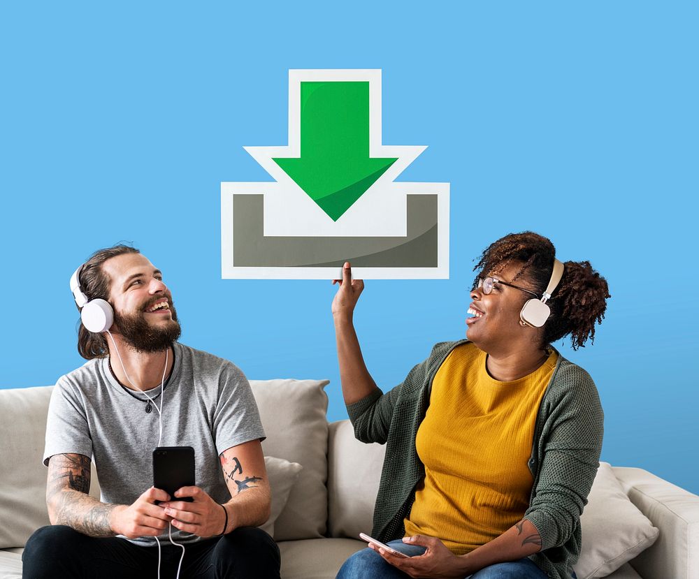 Interracial couple holding a download icon