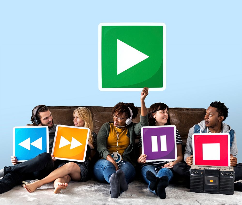 People holding media player icons and a play icon
