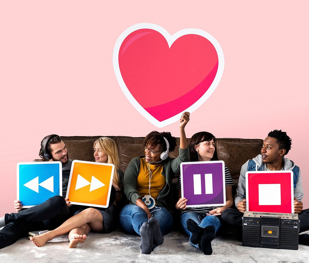People holding media player icons and a heart emoticon