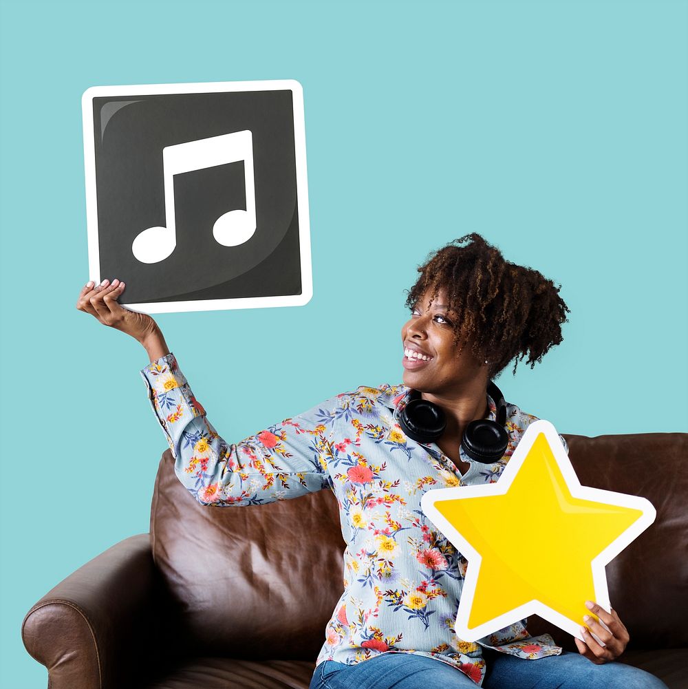 African American woman holding a musical note icon