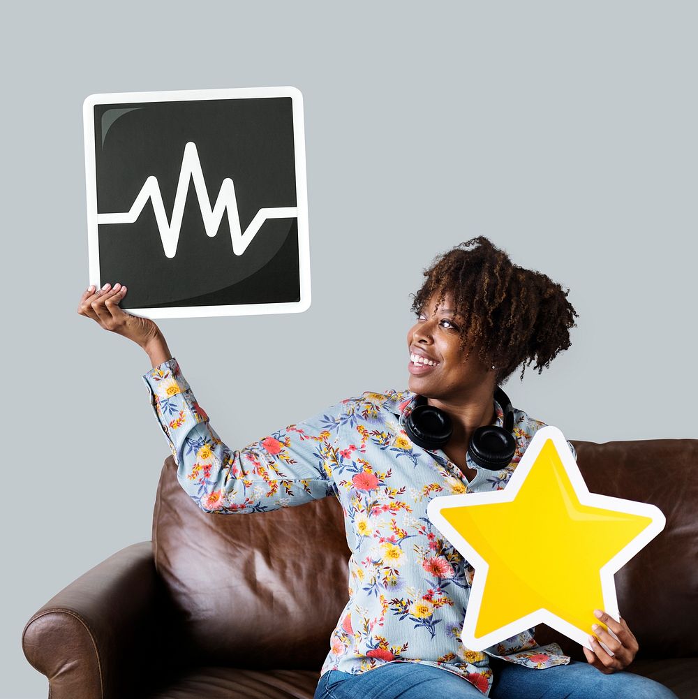 African American woman holding a frequency icon