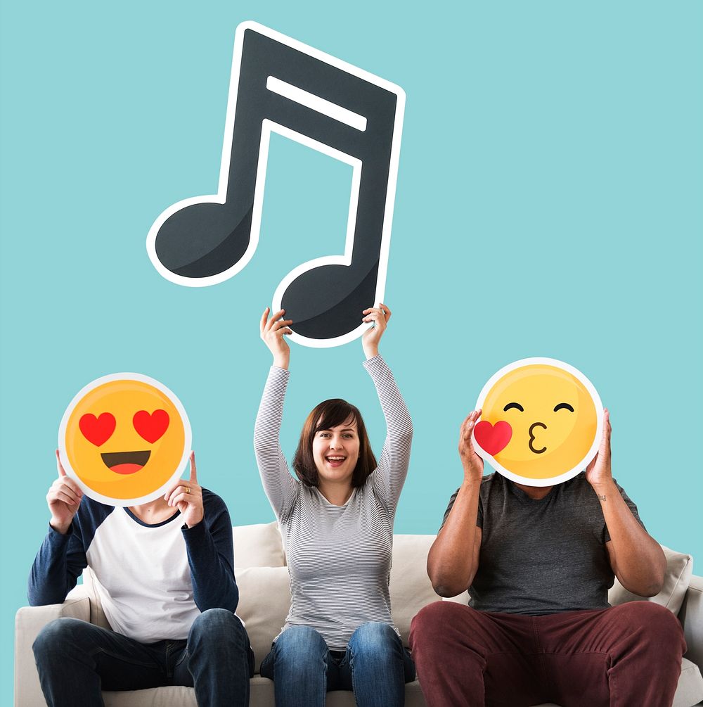 Positive emoticons and a musical note icon
