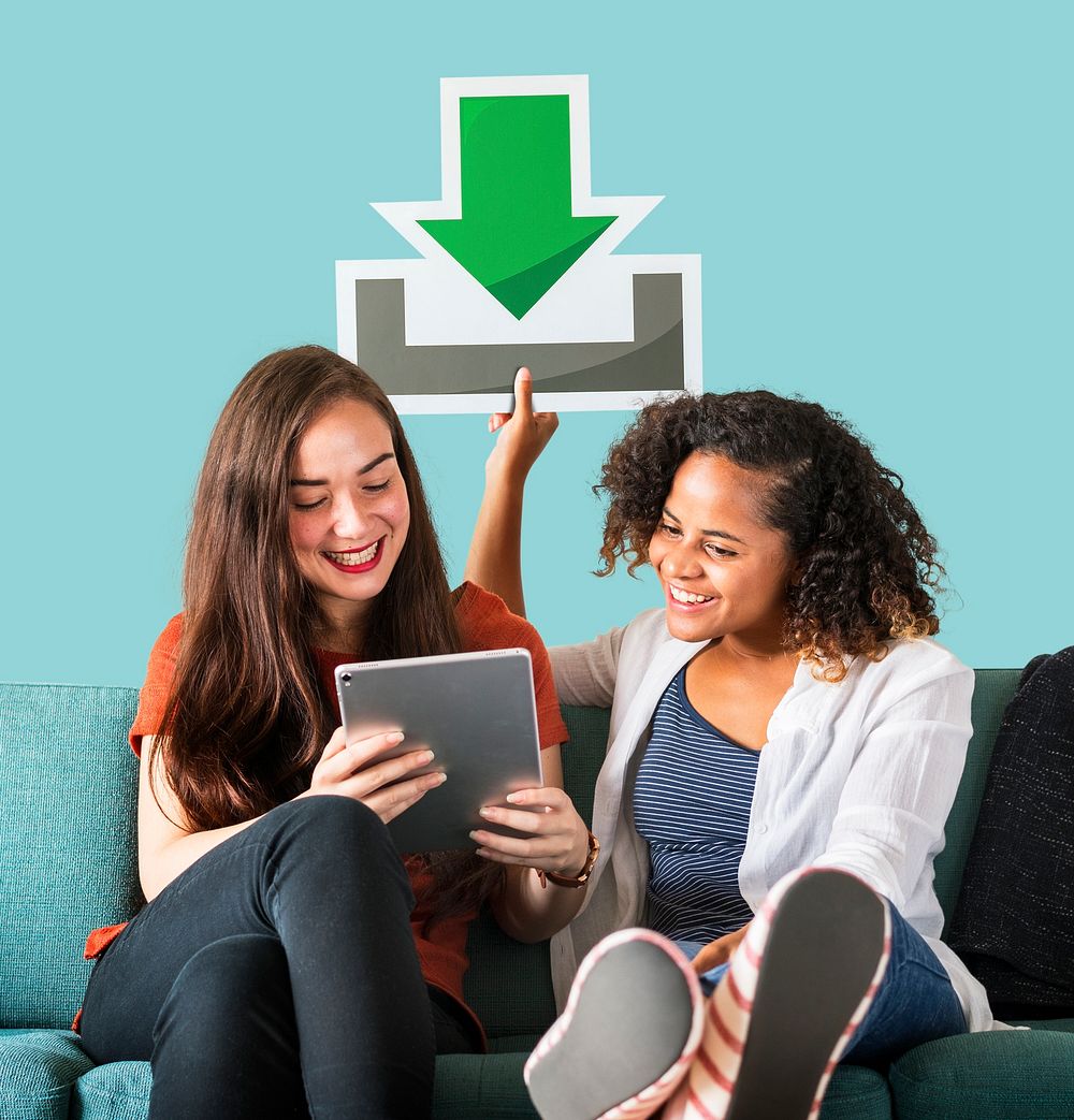 Young female friends holding a download icon
