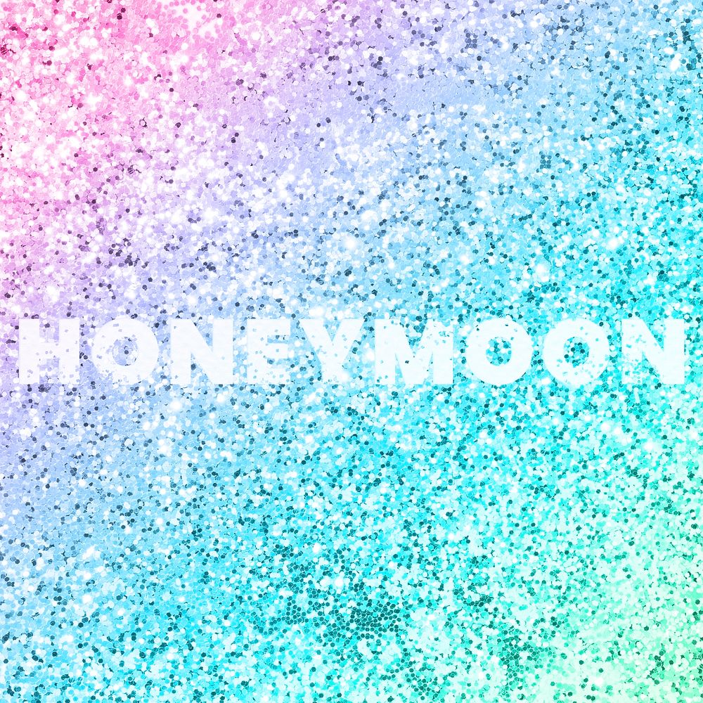 Honeymoon typography on a rainbow glitter background