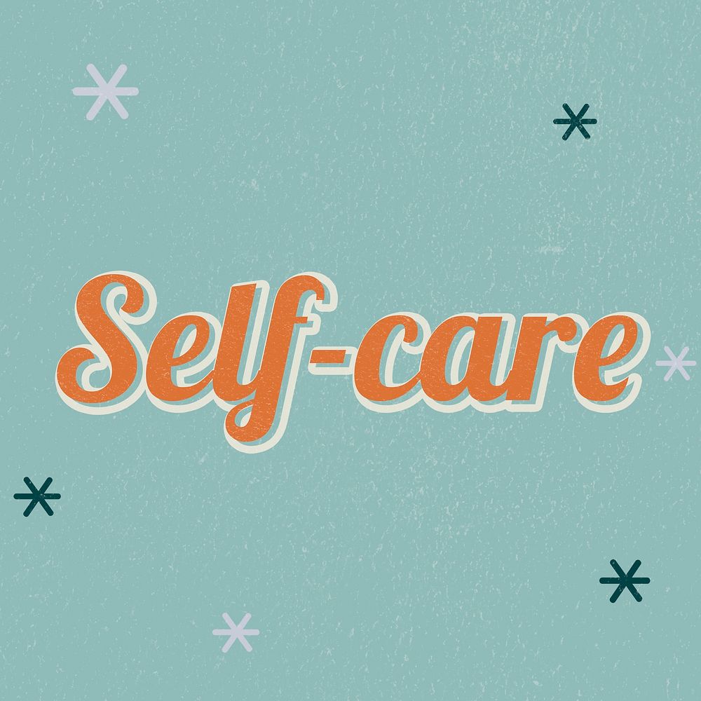 Self-care retro word typography on a green background