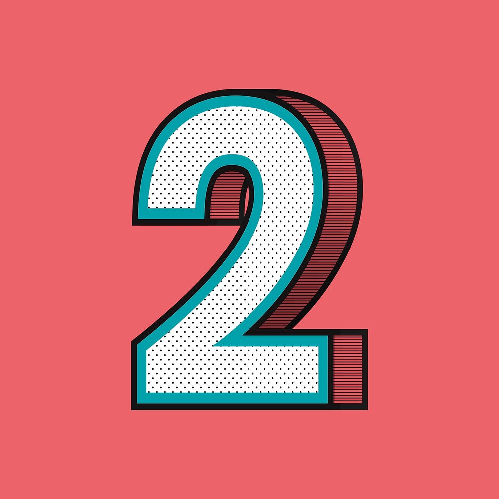 3D number 2 isometric halftone style typography psd