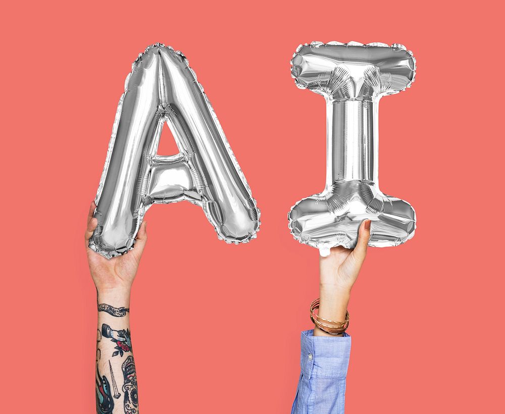 Gray balloon letters forming the word AI