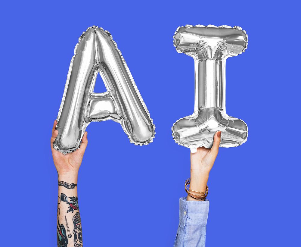 Gray balloon letters forming the word AI