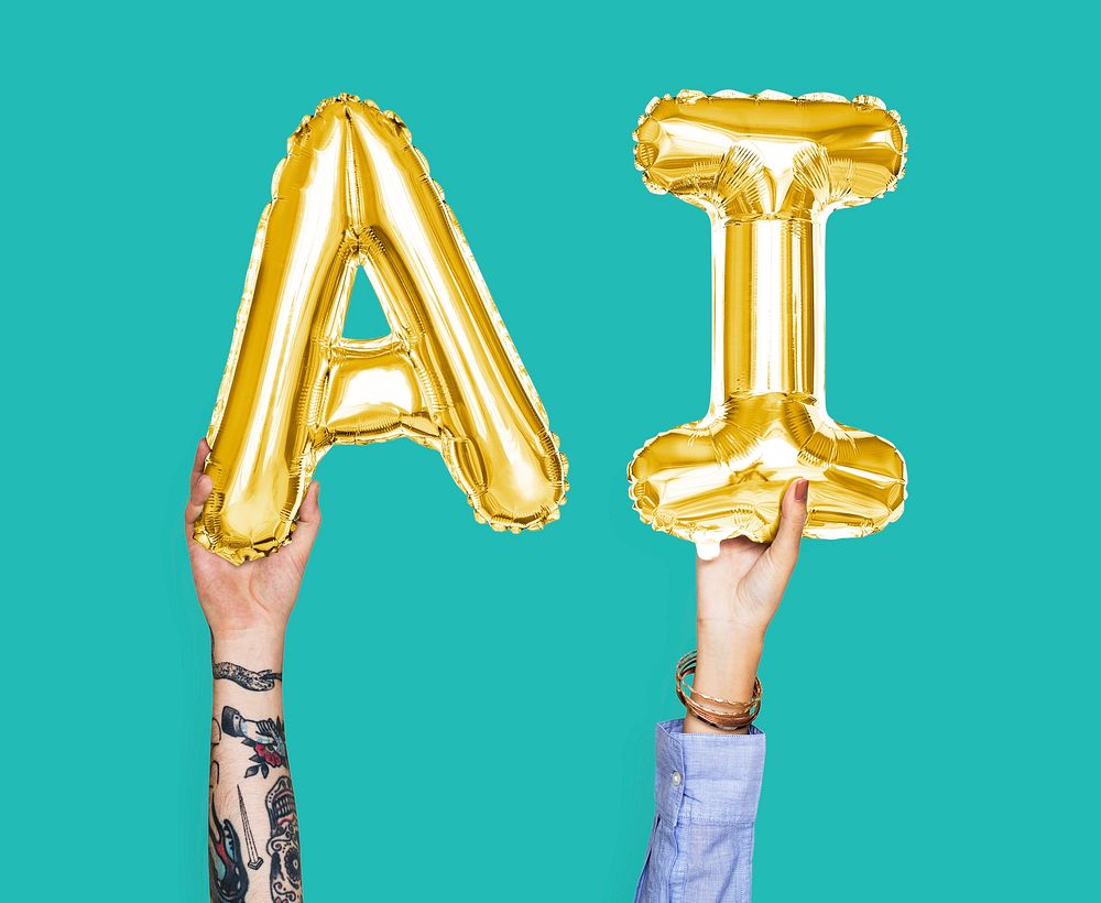 Golden balloon letters forming the word AI
