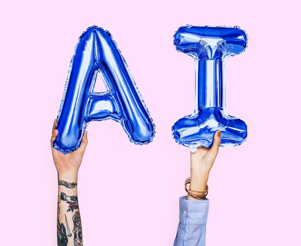 Blue balloon letters forming the word AI