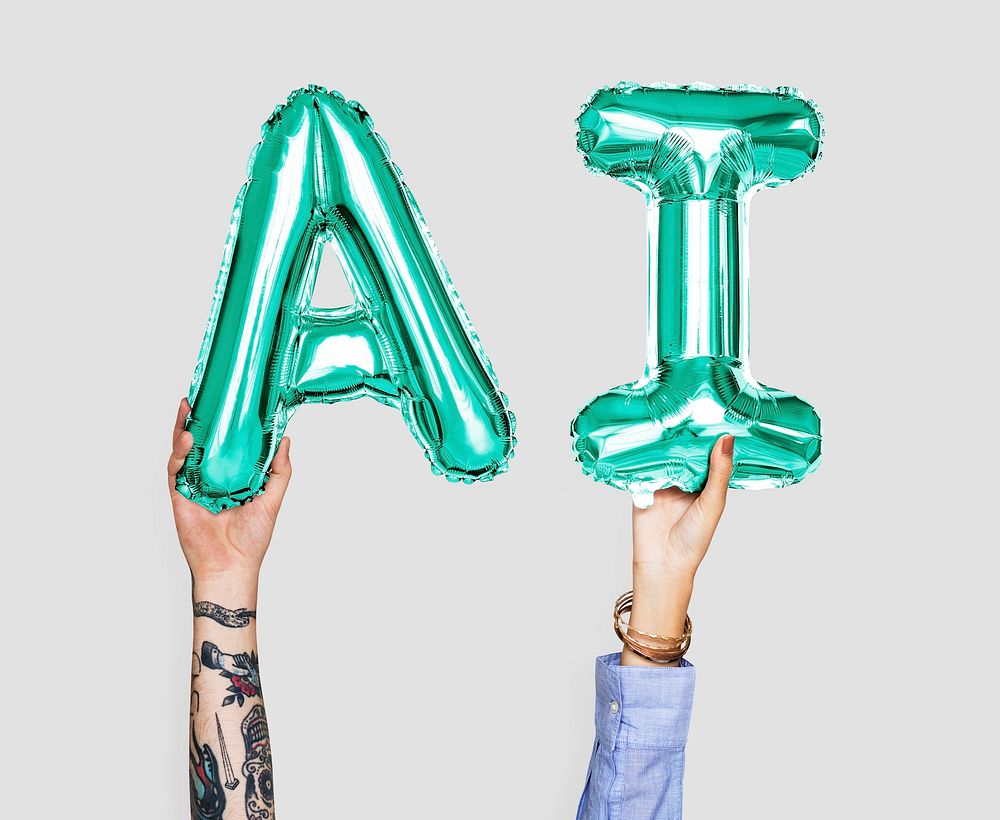 Green balloon letters forming the word AI