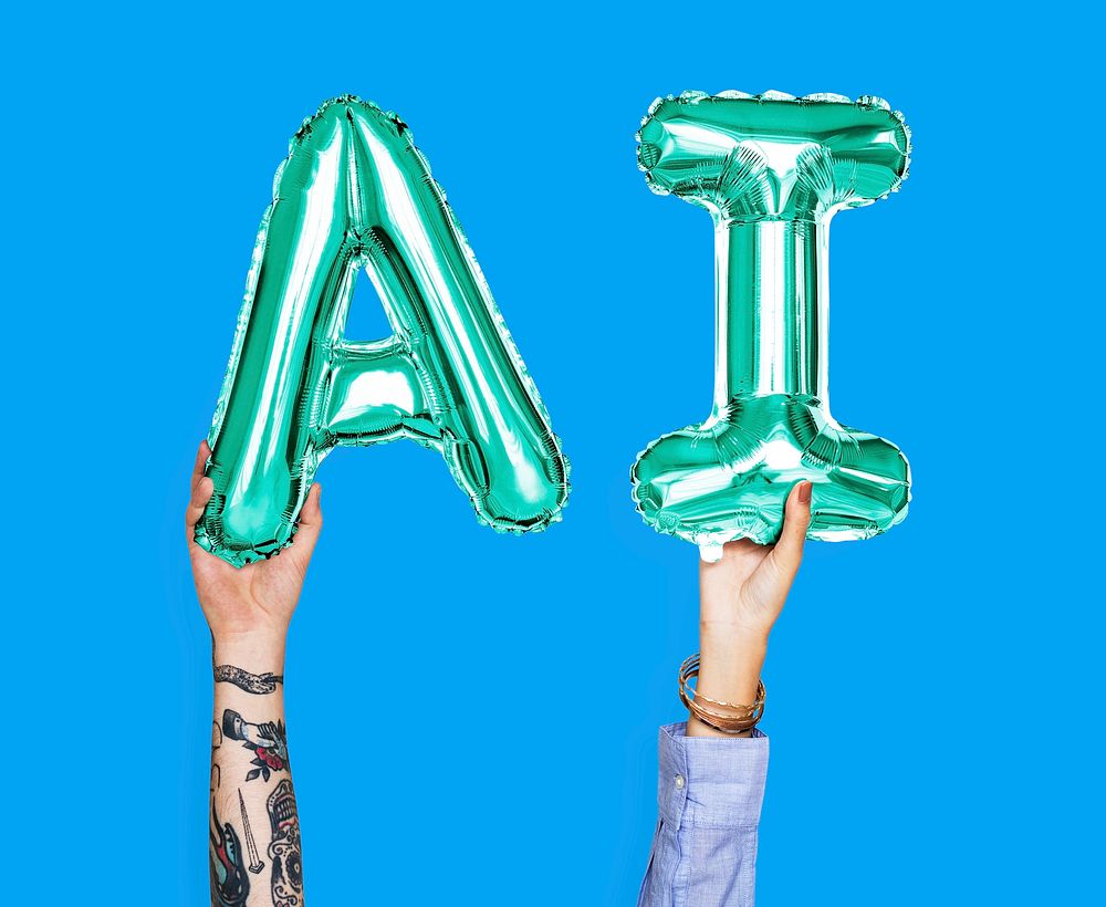 Green balloon letters forming the word AI