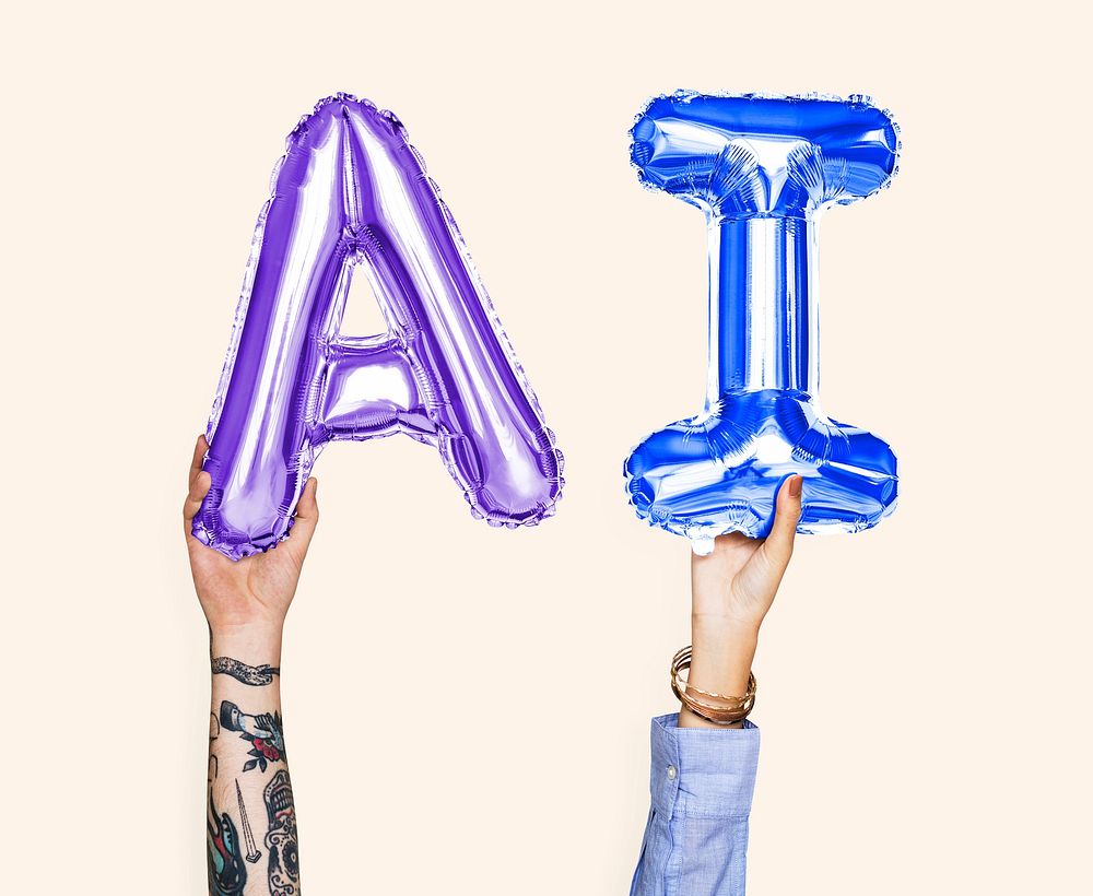 Colorful balloon letters forming the word AI