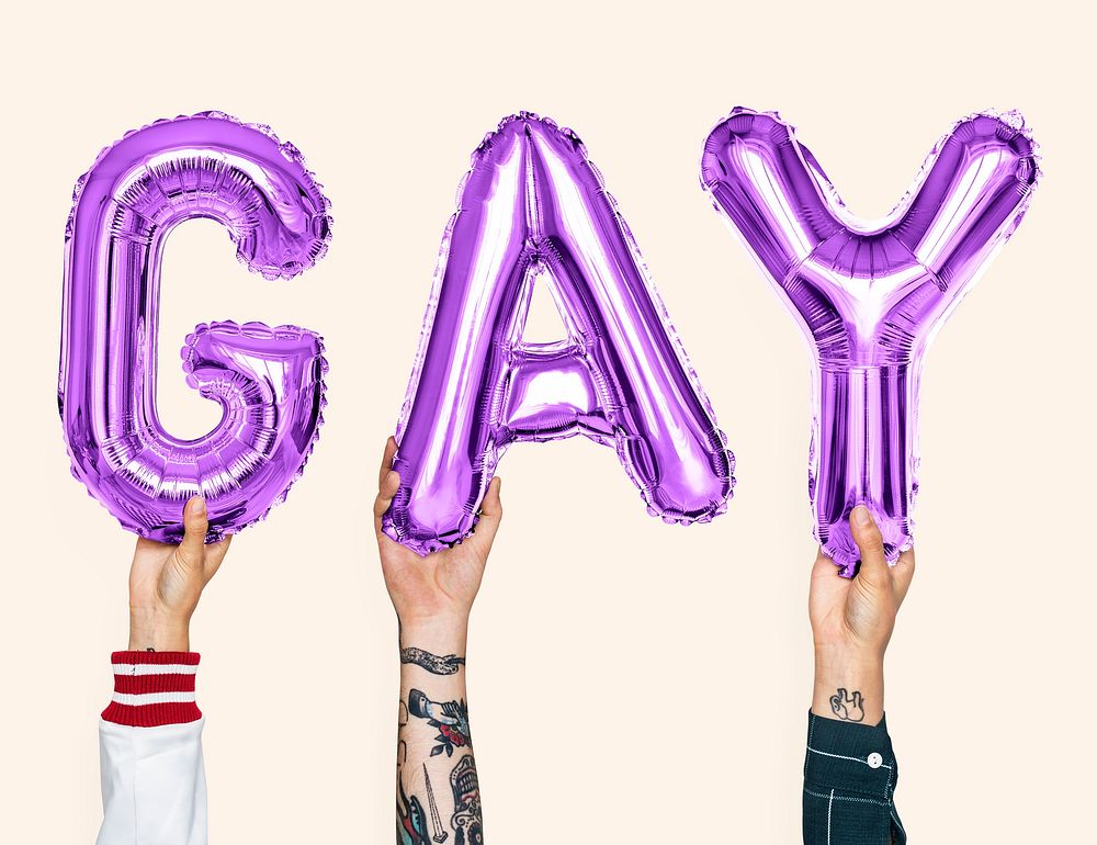 Purple alphabet balloons forming the word gay