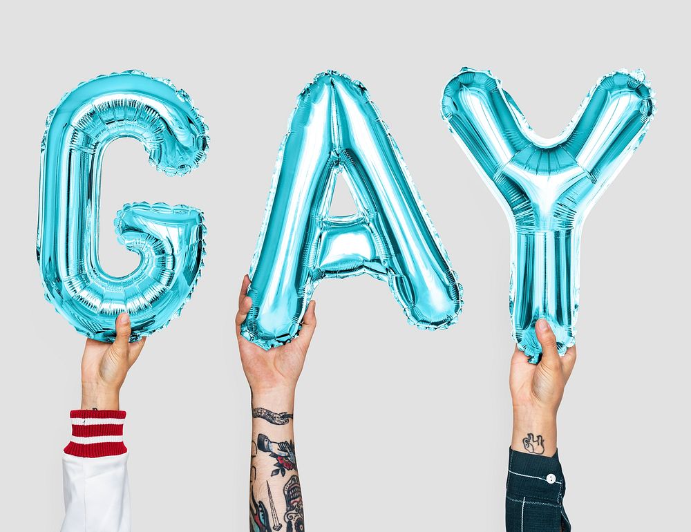 Blue alphabet balloons forming the word gay