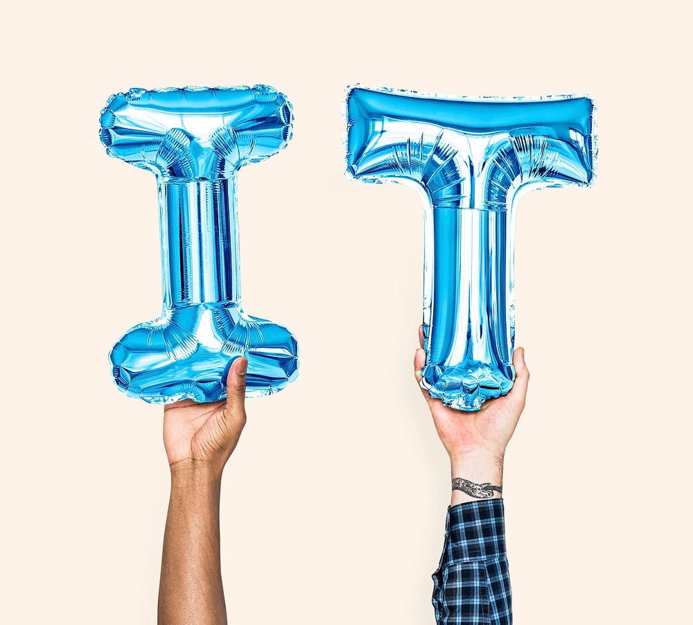 Blue balloon letters forming the word IT