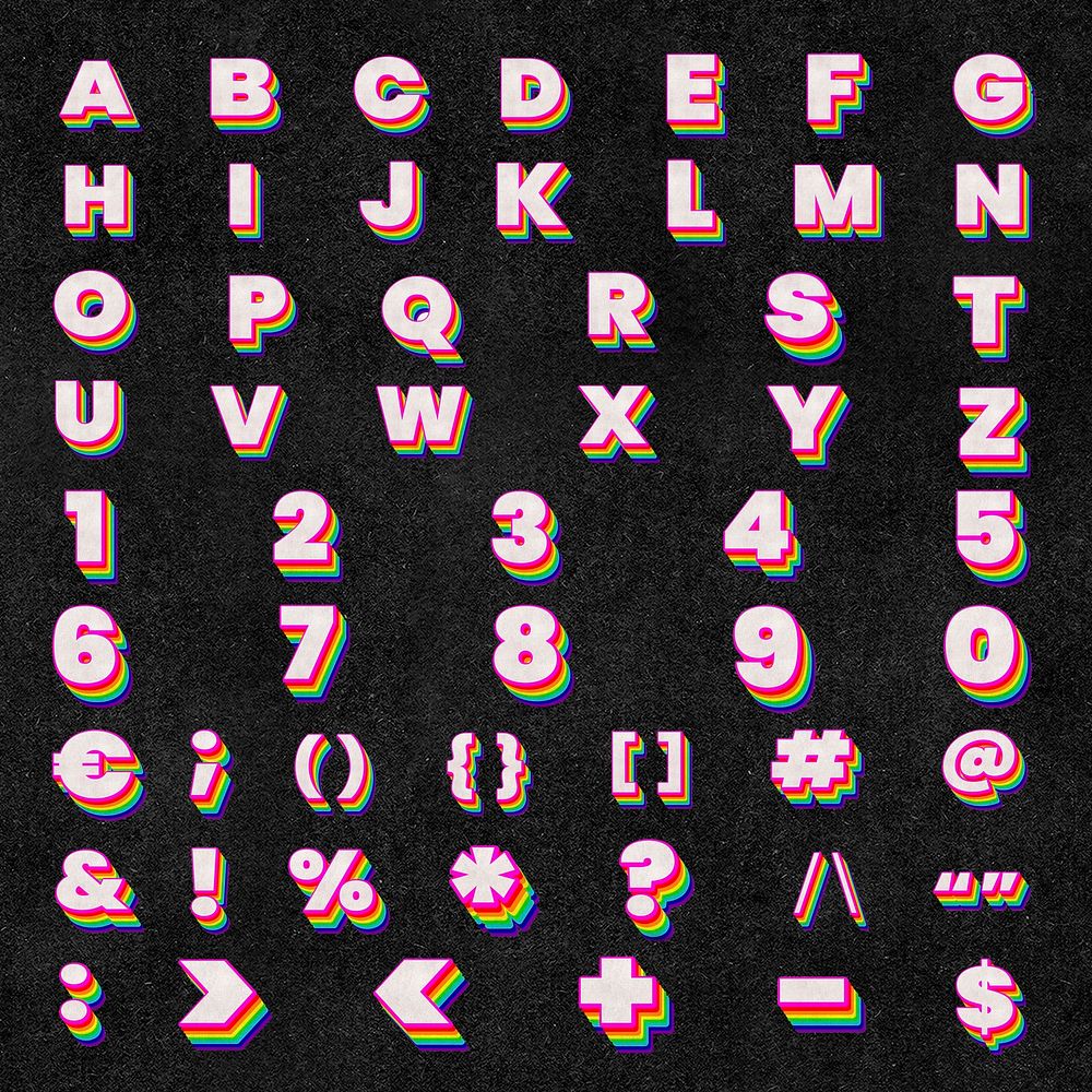 Layered rainbow ABC Alphabet psd set numbers and symbols font