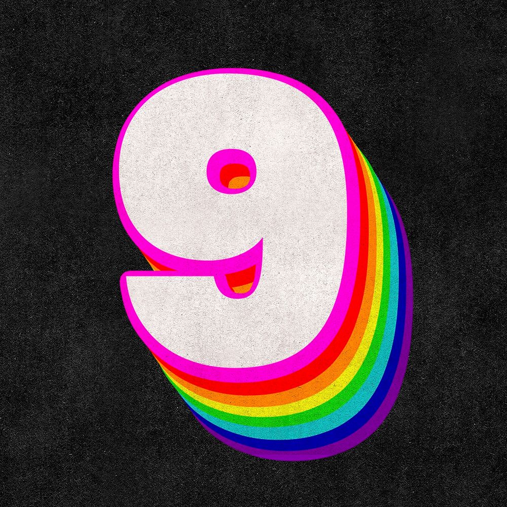 Number 9 font psd 3d rainbow typography