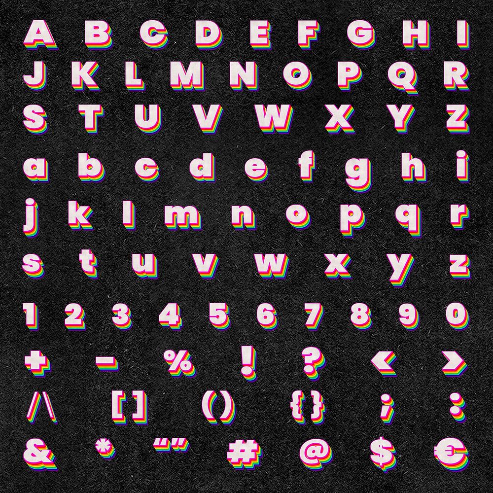 Layered rainbow ABC Alphabet psd set numbers and symbols font