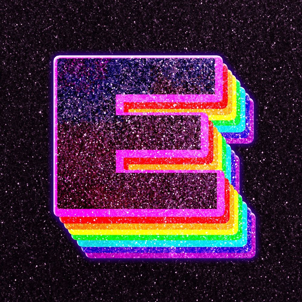 Letter e rainbow typography psd glitter texture