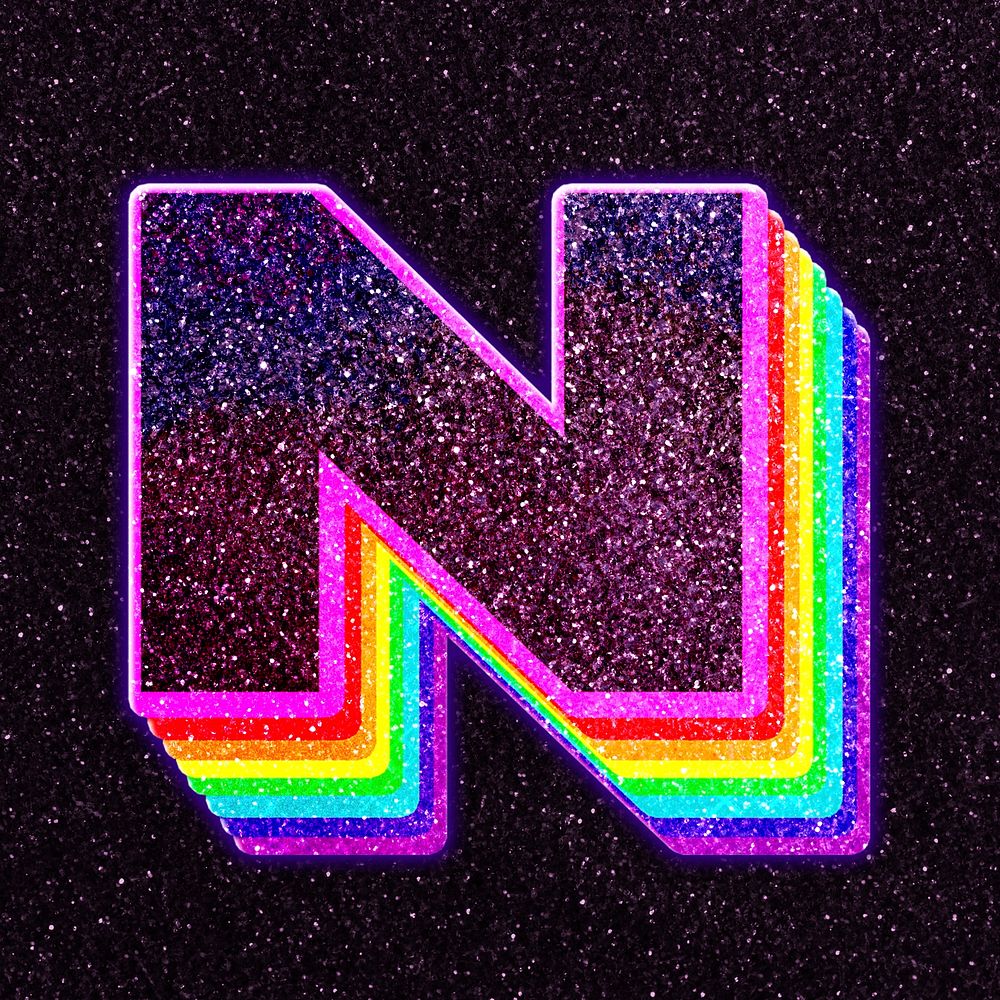 Letter n rainbow typography psd glitter texture