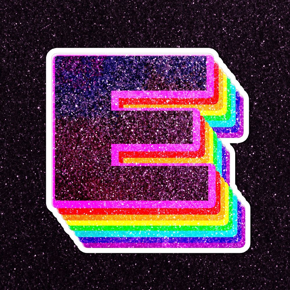 Letter e rainbow typography psd glitter texture