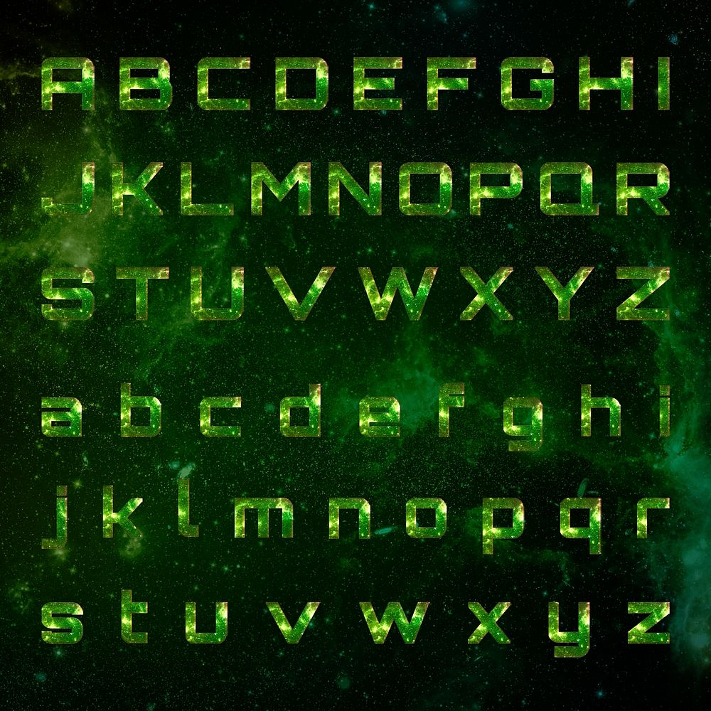 Alphabet set psd typography on green galaxy background