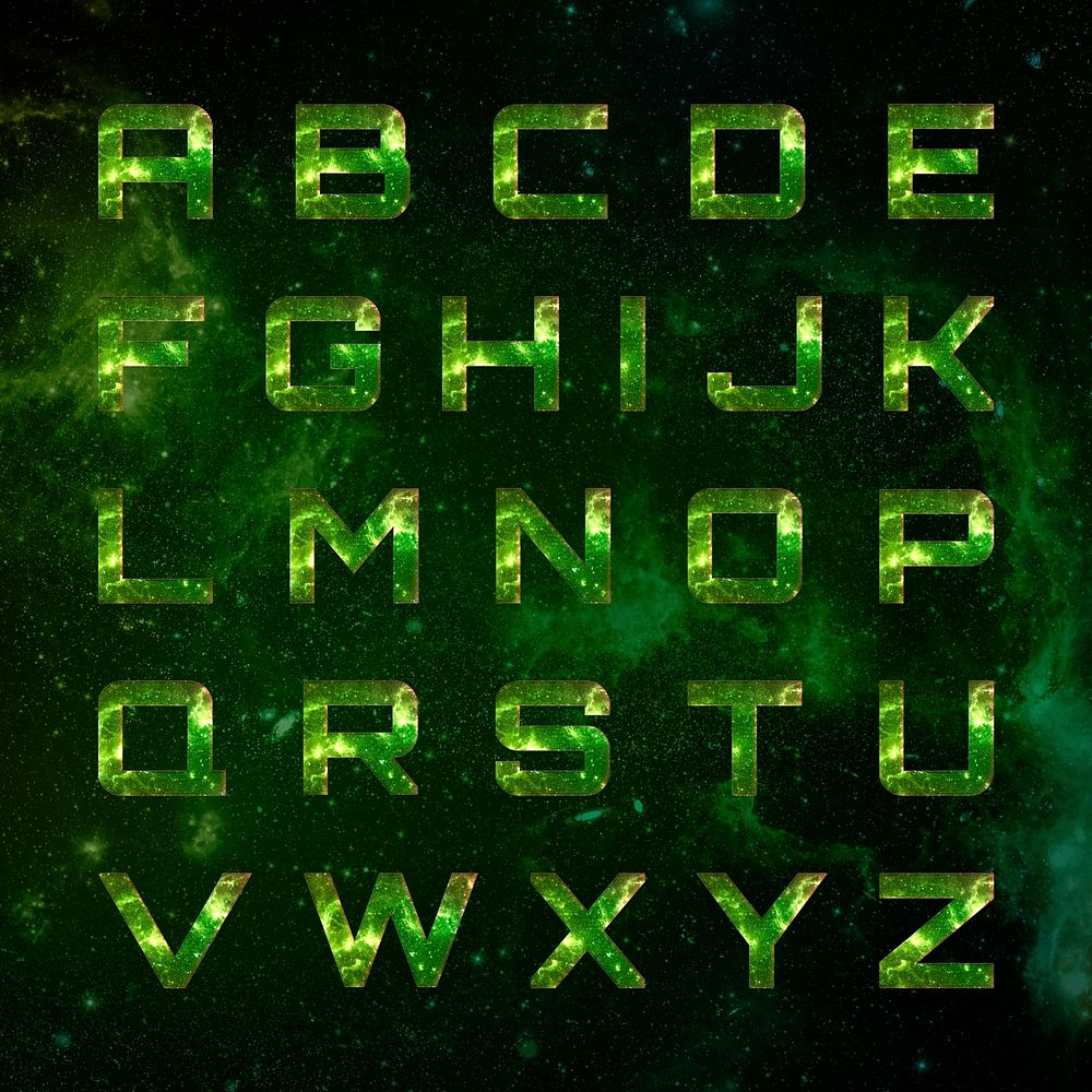 Alphabet set psd typography on green galaxy background