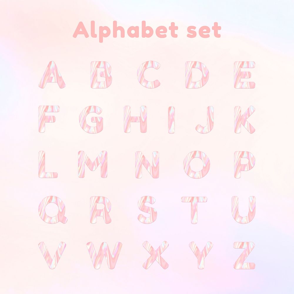 Pastel holographic English alphabet psd typography set